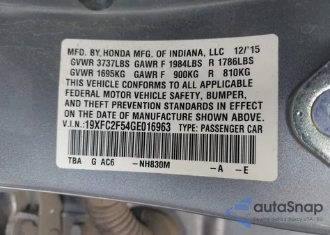 2016 Honda Civic Lx из США, поврежденный, VIN 19XFC2F54GE016963